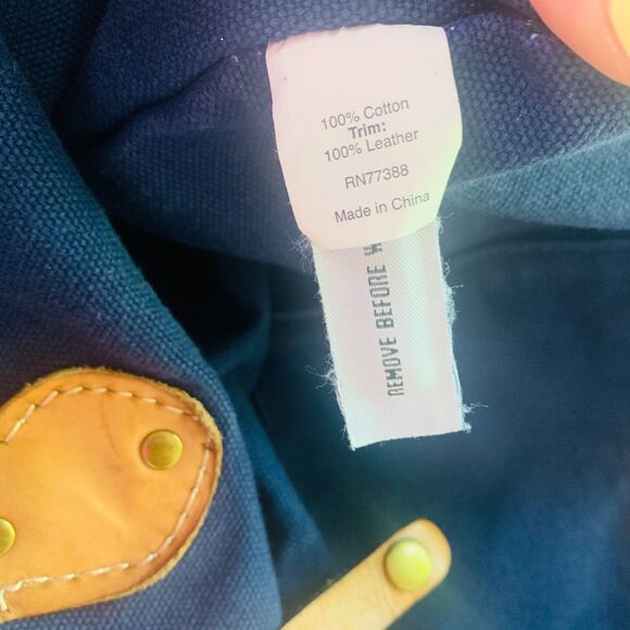 J Crew Blue Canvas Brown Leather Trim Large Shoulder Bag Carryall Tote Bag Beach - Picture 7 of 8